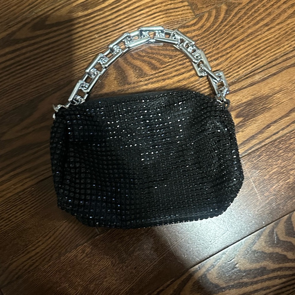 Black Beaded Handbag with Silver Chain